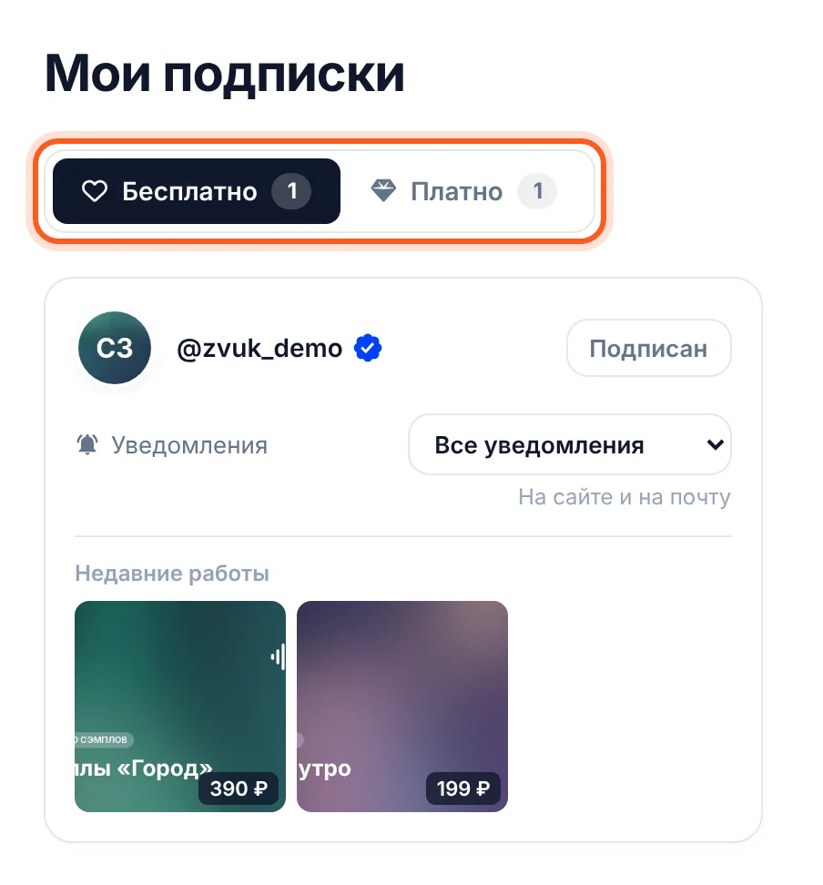 «Мои подписки»: вкладки «Бесплатно» и «Платно»
